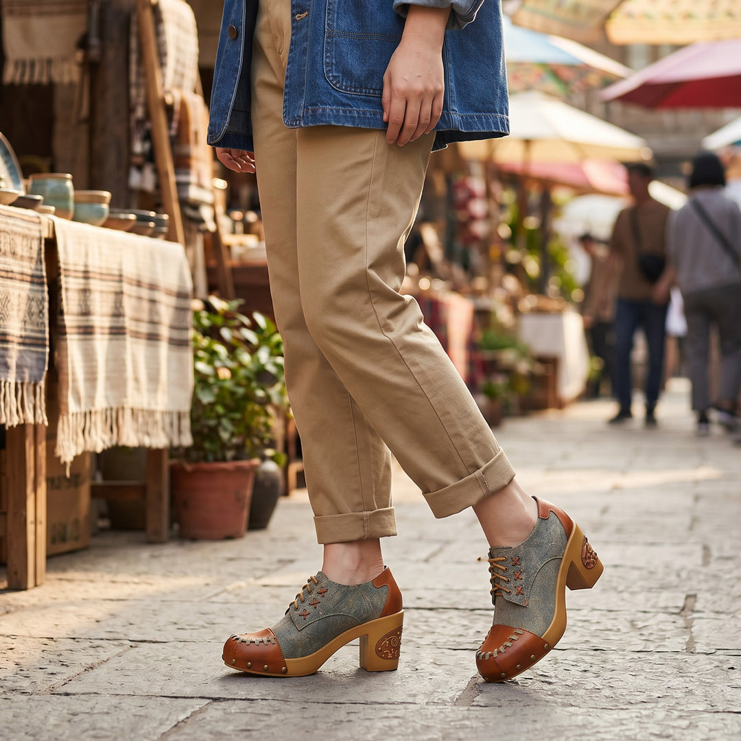 Retro Handmade Rivet Comfort Block Heel Pumps