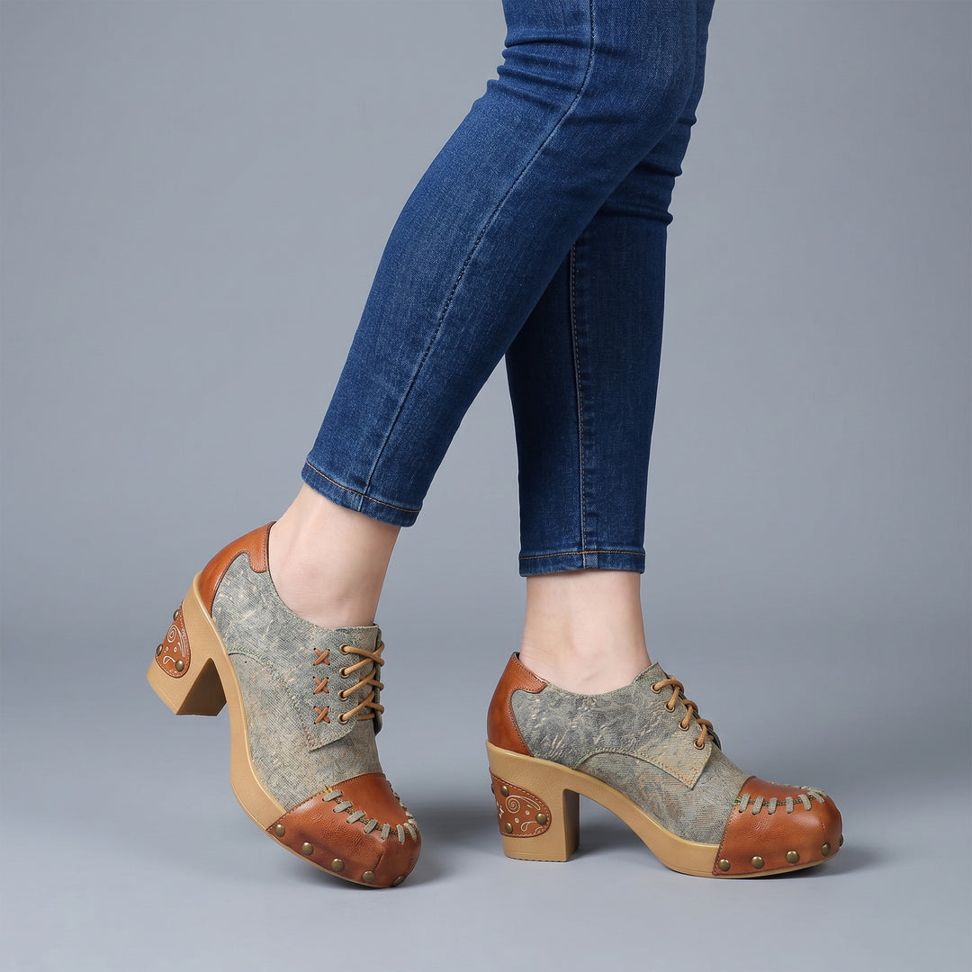 Retro Handmade Rivet Comfort Block Heel Pumps