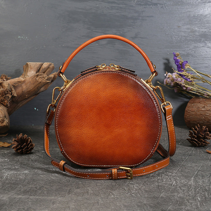 Handmade Vintage Leather Small Round Crossbody Bag