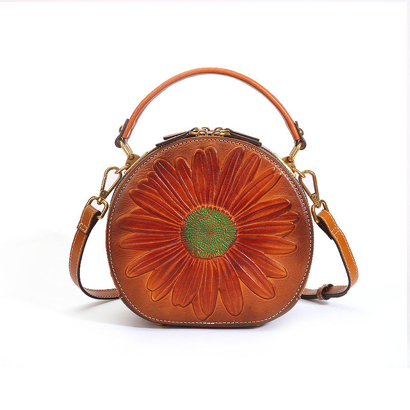 Handmade Vintage Leather Small Round Crossbody Bag