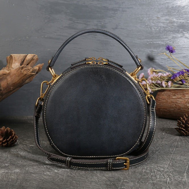 Handmade Vintage Leather Small Round Crossbody Bag