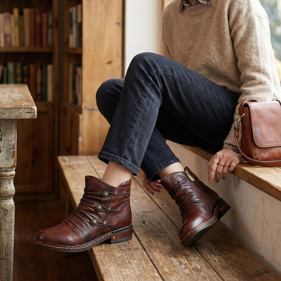 Retro Charm Leather Flat Ankle Boots