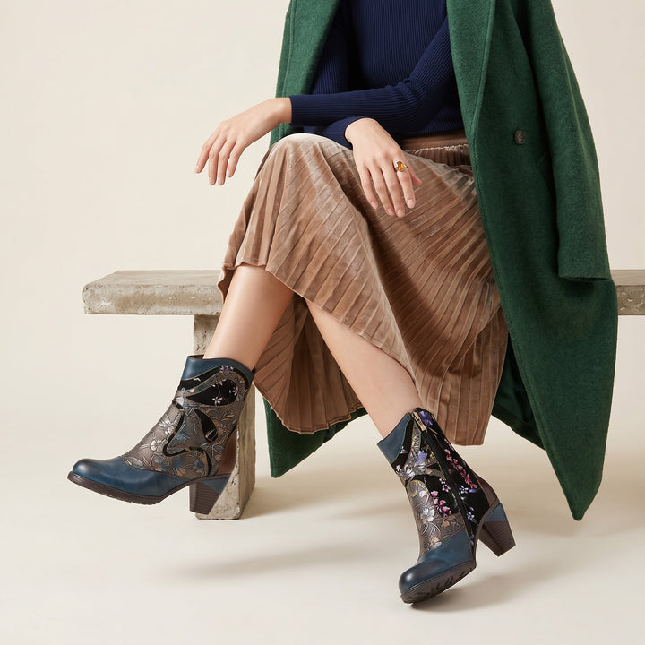 Retro Painted Genuine Leather Dragonfly Ankle Boots