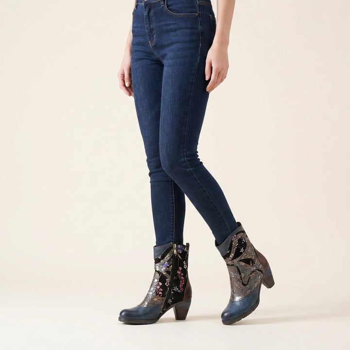 Retro Painted Genuine Leather Dragonfly Ankle Boots