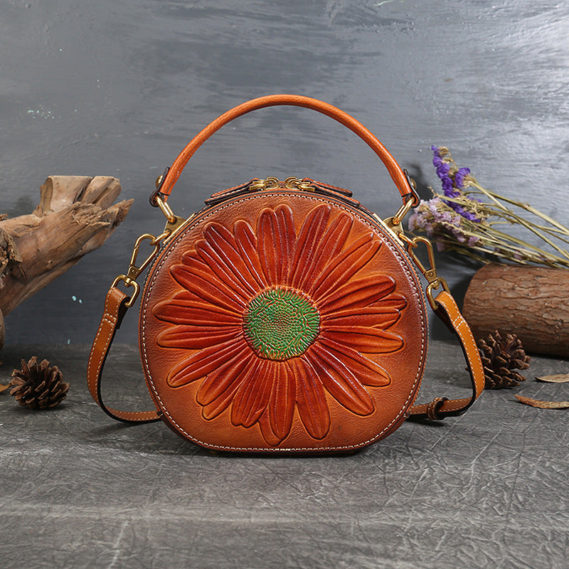 Handmade Vintage Leather Small Round Crossbody Bag