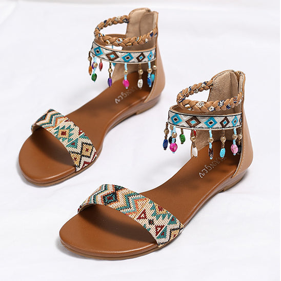 Summer Sandalias de vacaciones de comodidad con cuentas de estilo bohemio para mujeres