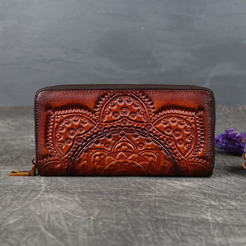 Embossed Zipper Cowhide Vintage Leather Wallet