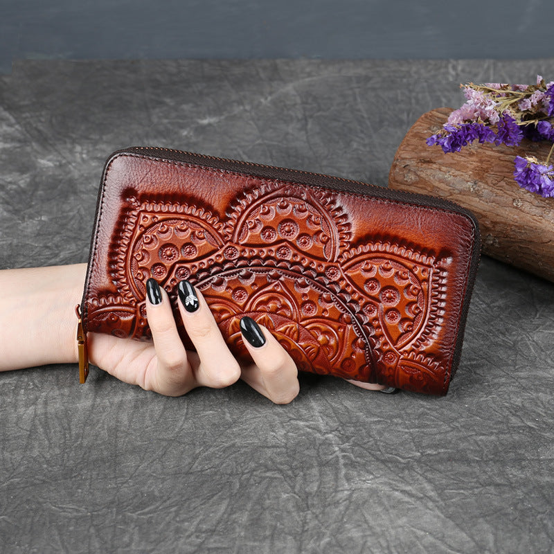 Embossed Zipper Cowhide Vintage Leather Wallet