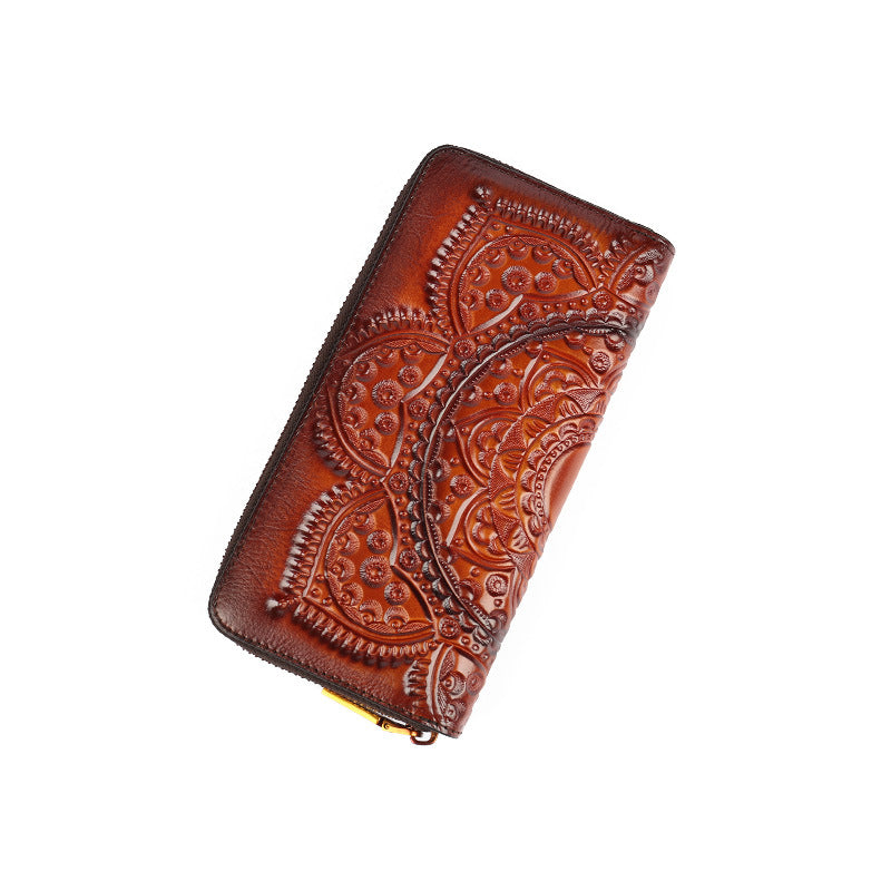 Embossed Zipper Cowhide Vintage Leather Wallet