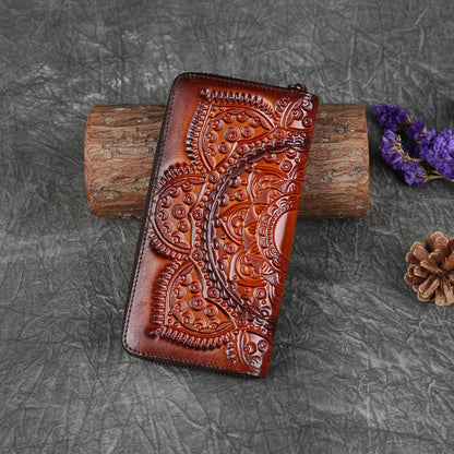 Embossed Zipper Cowhide Vintage Leather Wallet