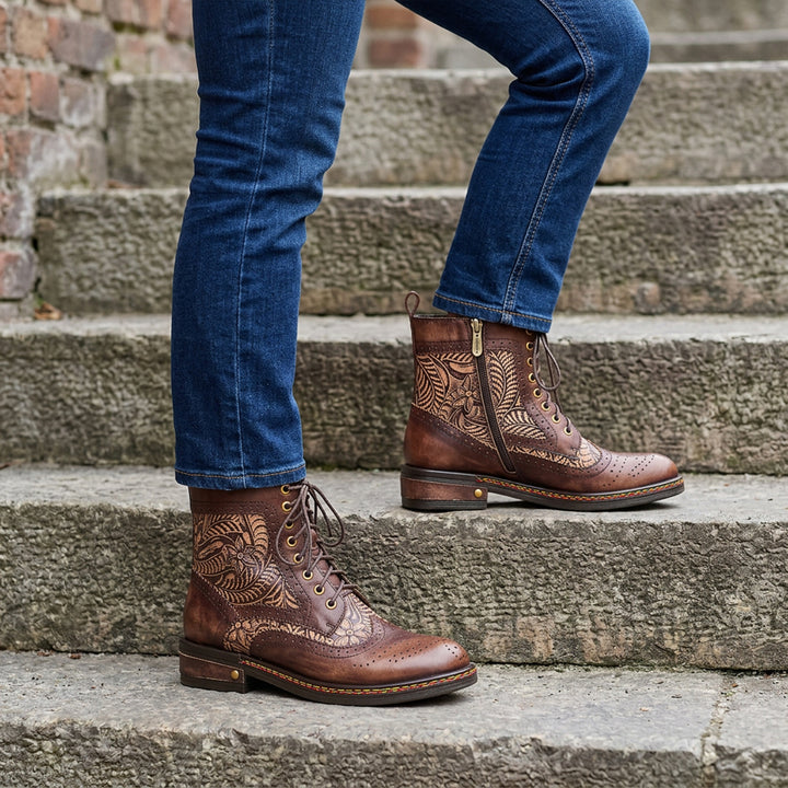 Floral Engraved Vintage Leather Ankle Boots