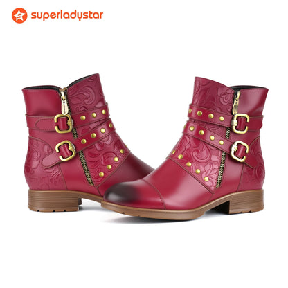 Embossed Buckle Strap Ankle Boots