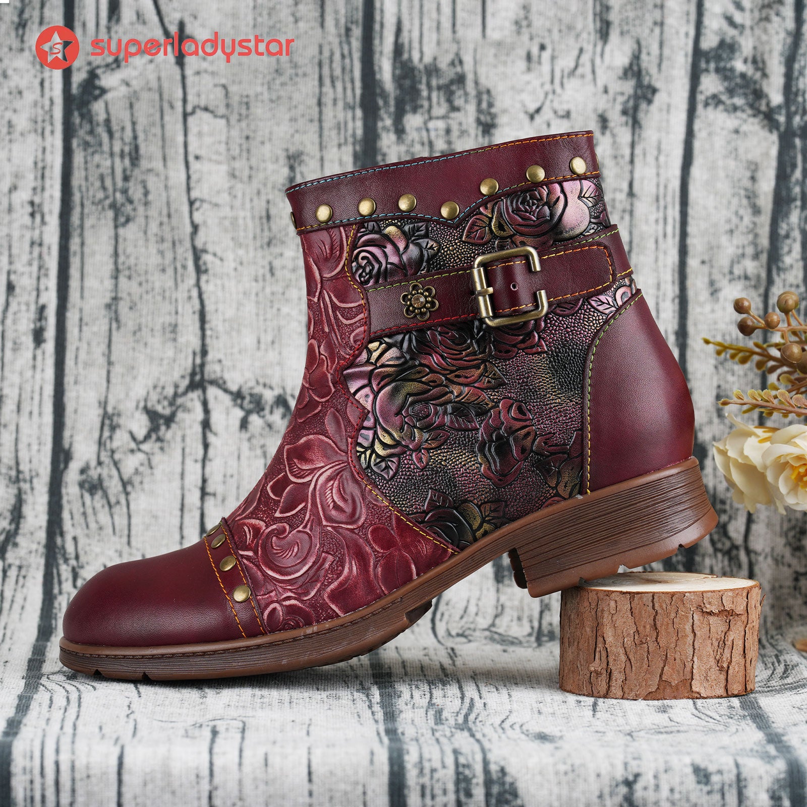 Botas de tobillo en relieve de Crimson Rose (pedido anticipado)