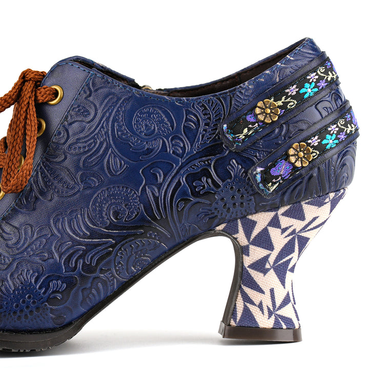Floral Embossed Lace-Up Heels