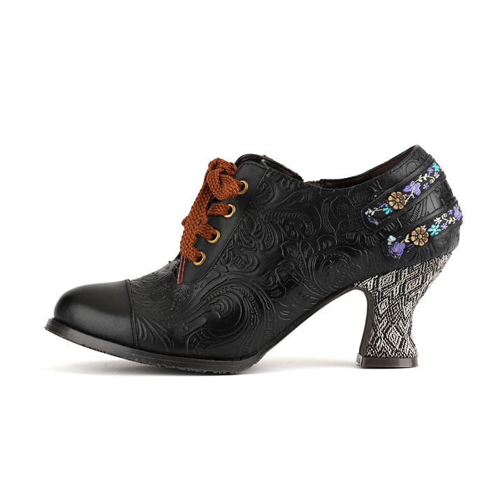 Floral Embossed Lace-Up Heels