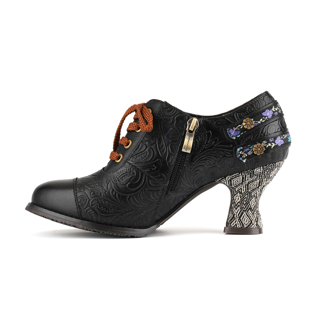 Floral Embossed Lace-Up Heels