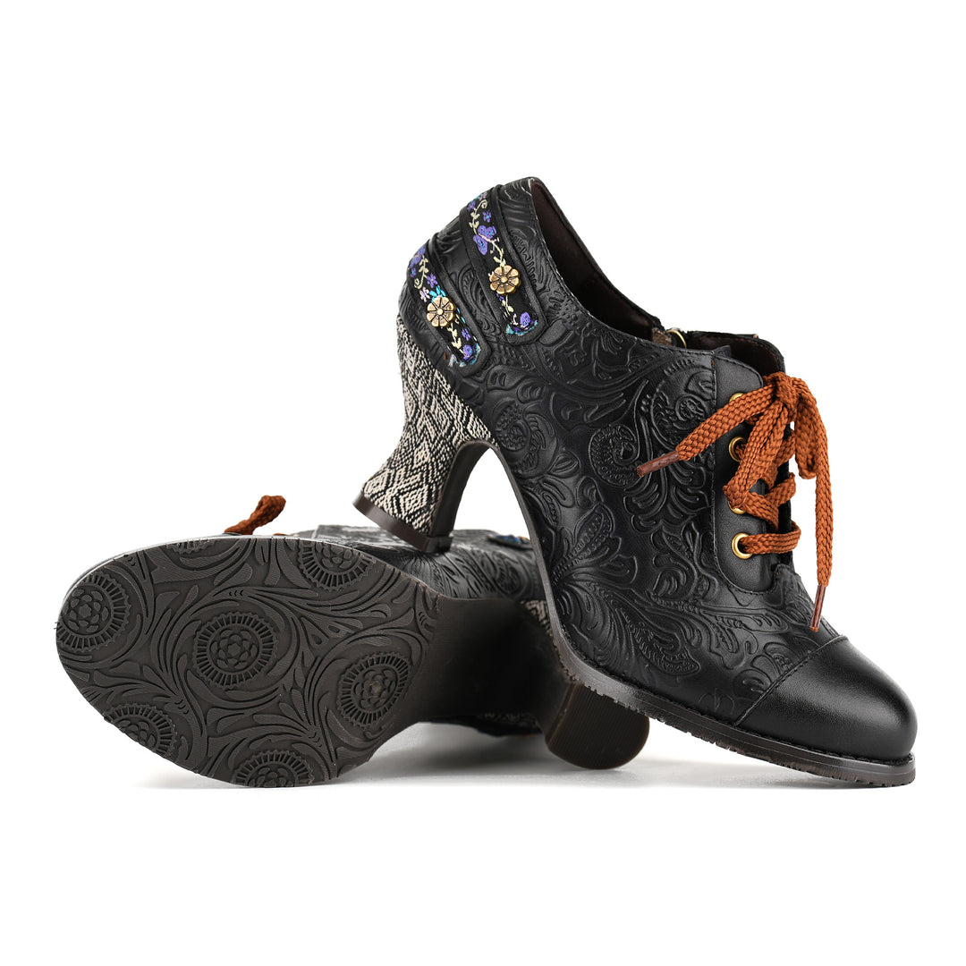 Floral Embossed Lace-Up Heels