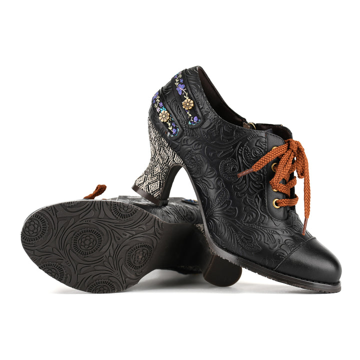 Floral Embossed Lace-Up Heels