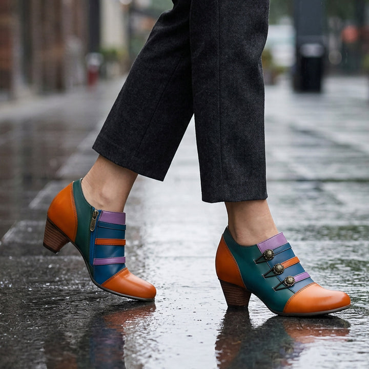 Vintage Colorblock Decorative Buttons Pumps