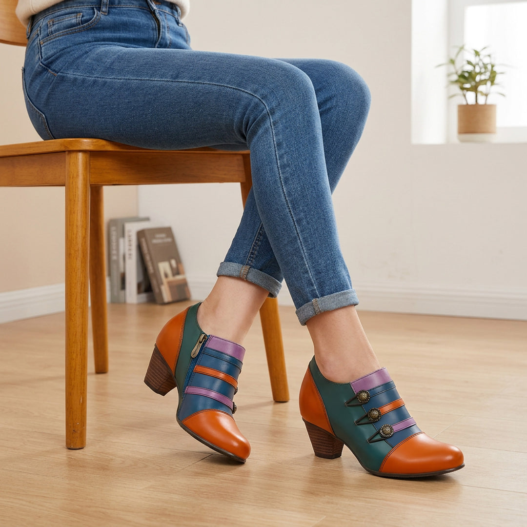 Vintage Colorblock Decorative Buttons Pumps