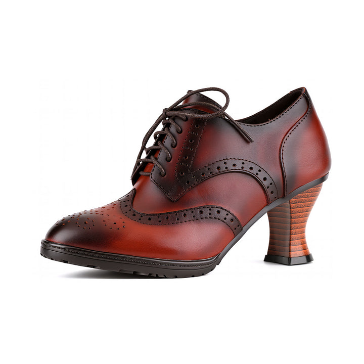 Vintage Oxford-Style Lace-Up Leather Pumps