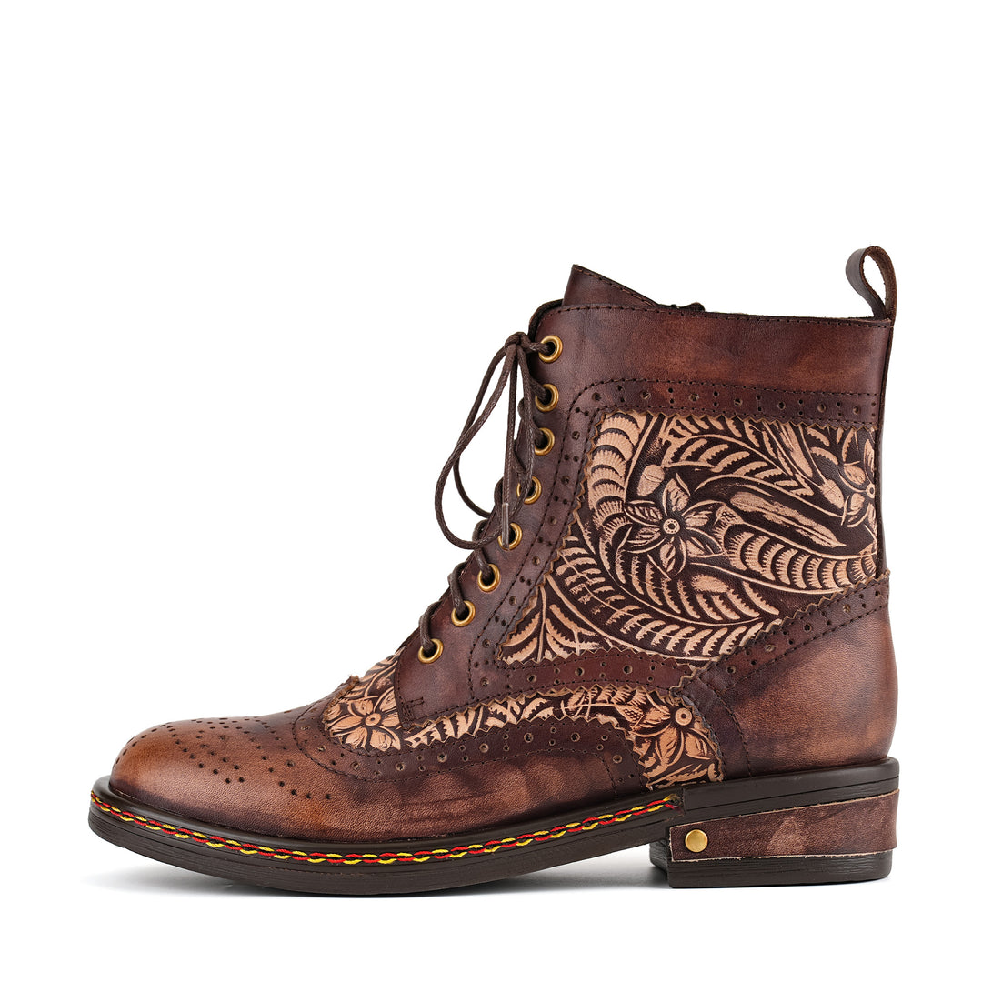Floral Engraved Vintage Leather Ankle Boots