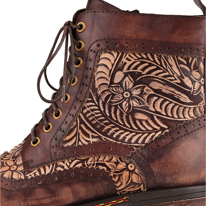 Floral Engraved Vintage Leather Ankle Boots