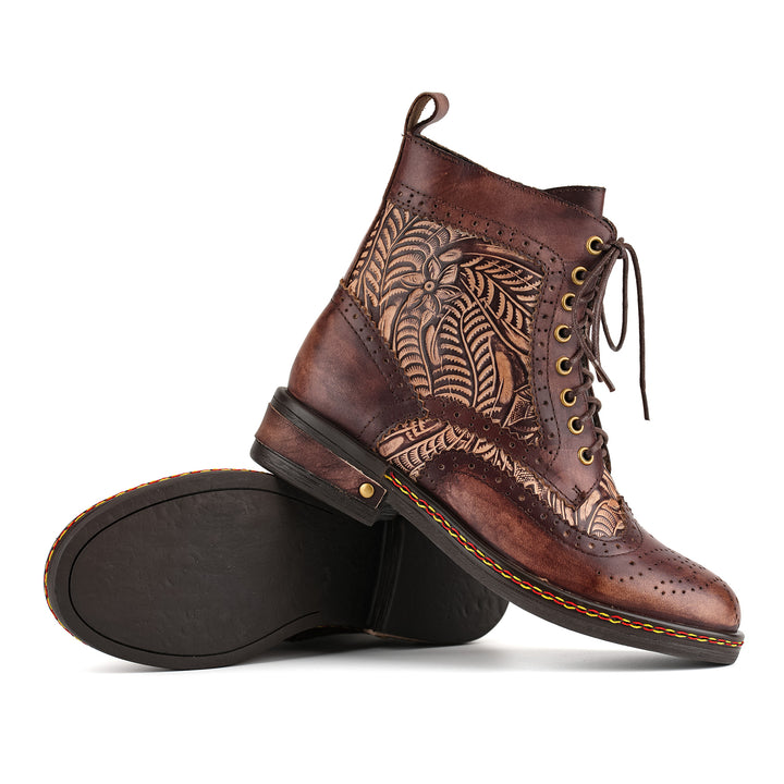 Floral Engraved Vintage Leather Ankle Boots