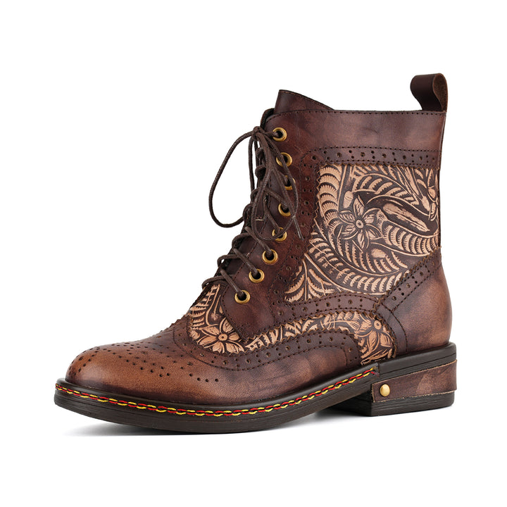 Floral Engraved Vintage Leather Ankle Boots