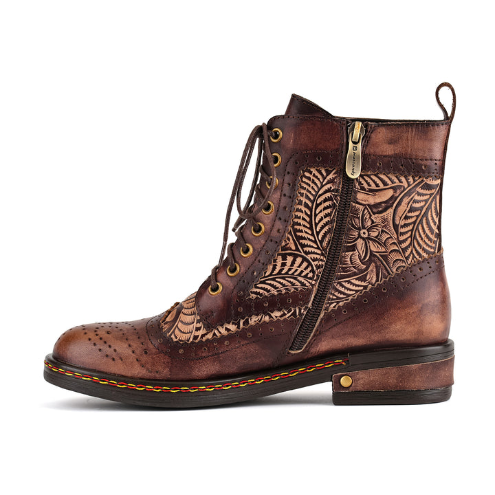 Floral Engraved Vintage Leather Ankle Boots