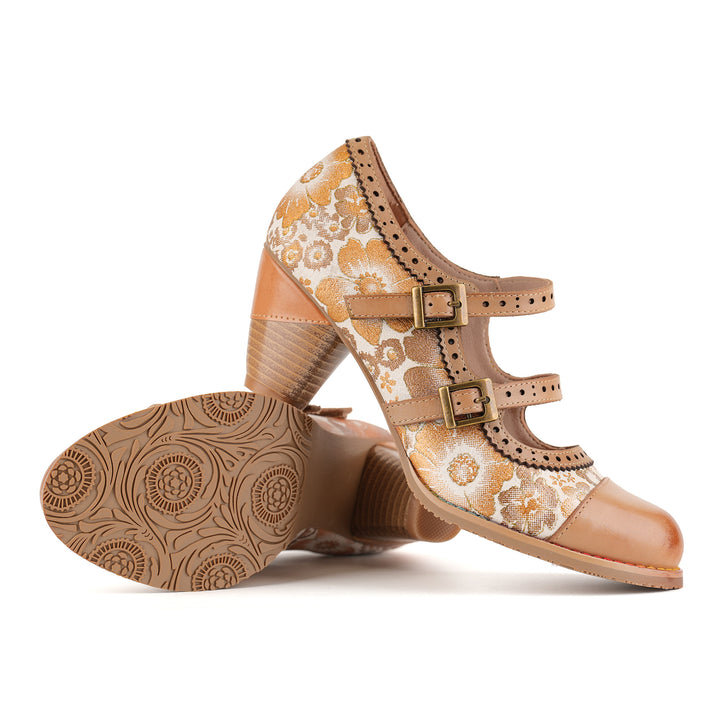 Floral Double Buckle Straps Mary Jane Shoes