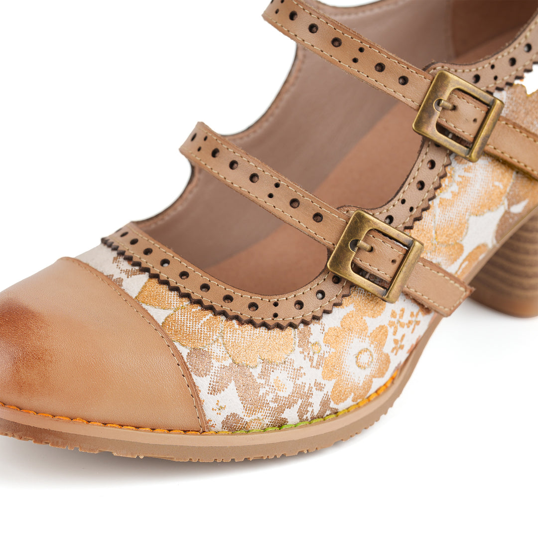 Floral Double Buckle Straps Mary Jane Shoes