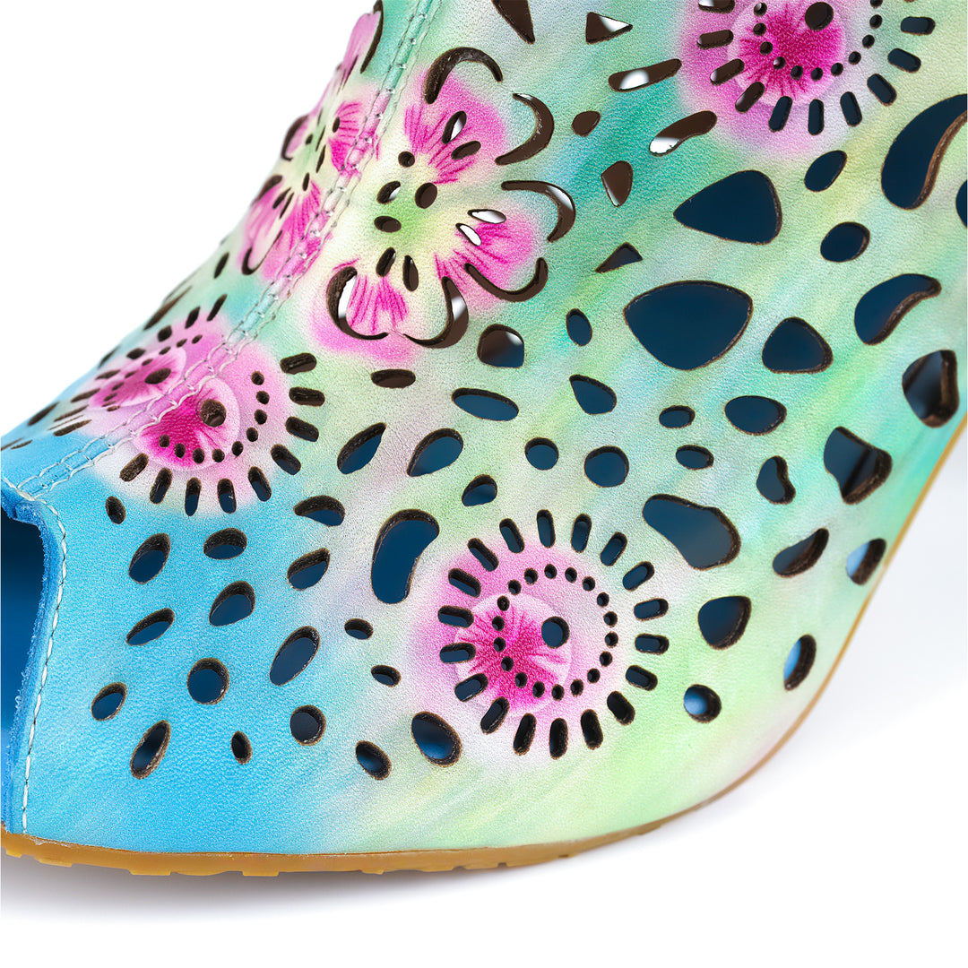 Sandalen mit Farbverlauf und Blumenausschnitt und Spitzenbesatz