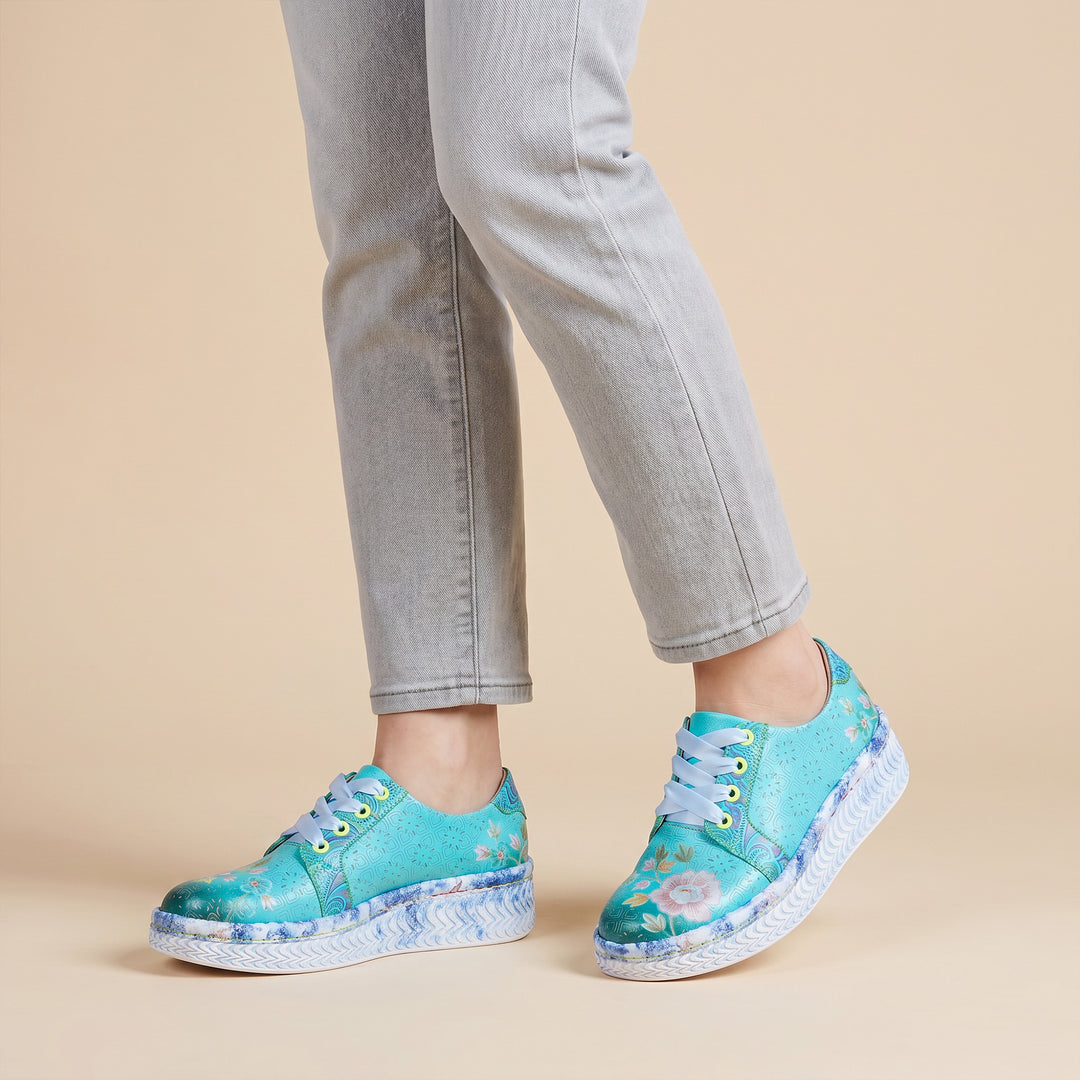 Turquoise Floral Platform Lace-Up Sneakers