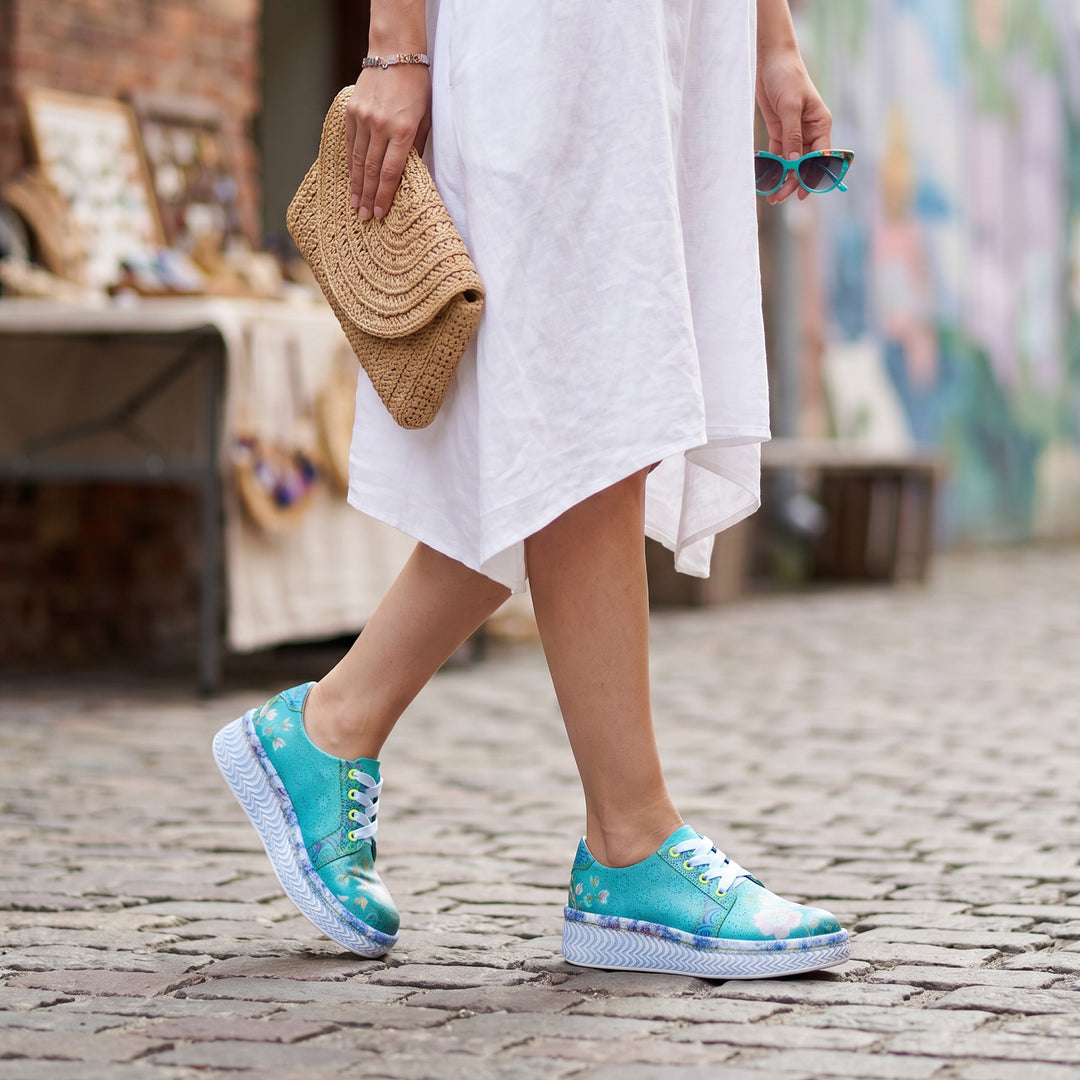 Turquoise Floral Platform Lace-Up Sneakers