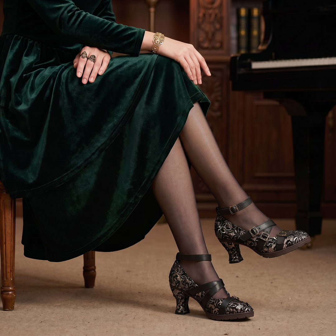 Vintage Lace Buckle Heeled Pumps