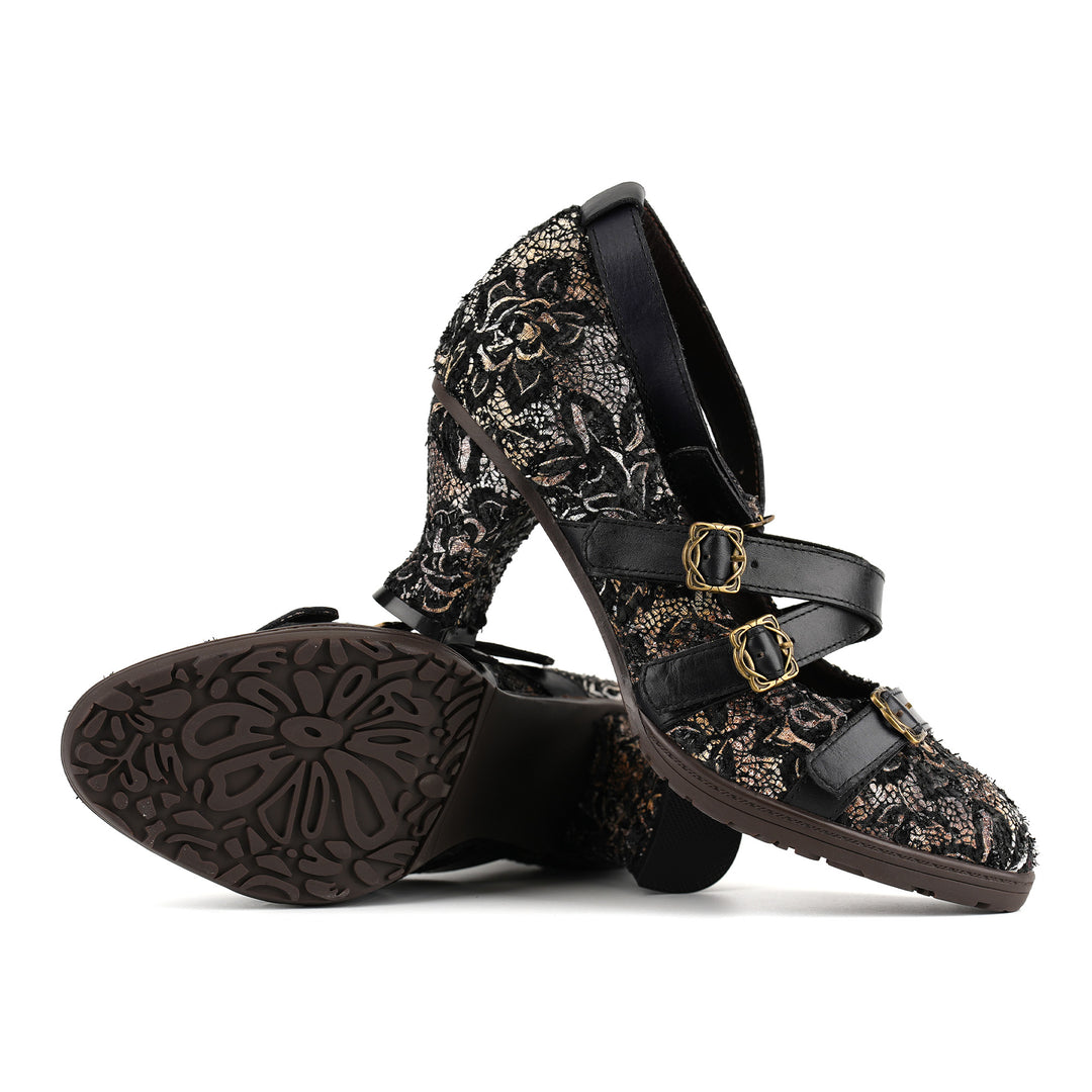 Vintage Lace Buckle Heeled Pumps