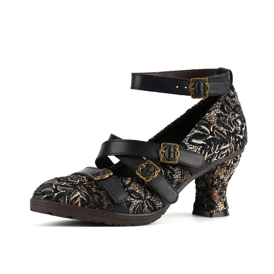 Vintage Lace Buckle Heeled Pumps