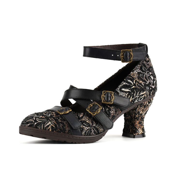 Vintage Lace Buckle Heeled Pumps