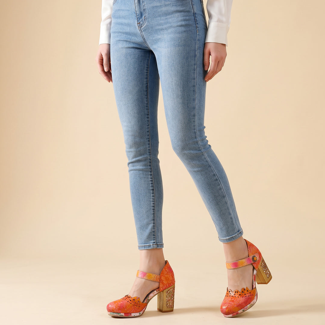 Peach Floral Engraved Chunky Heel Sandals