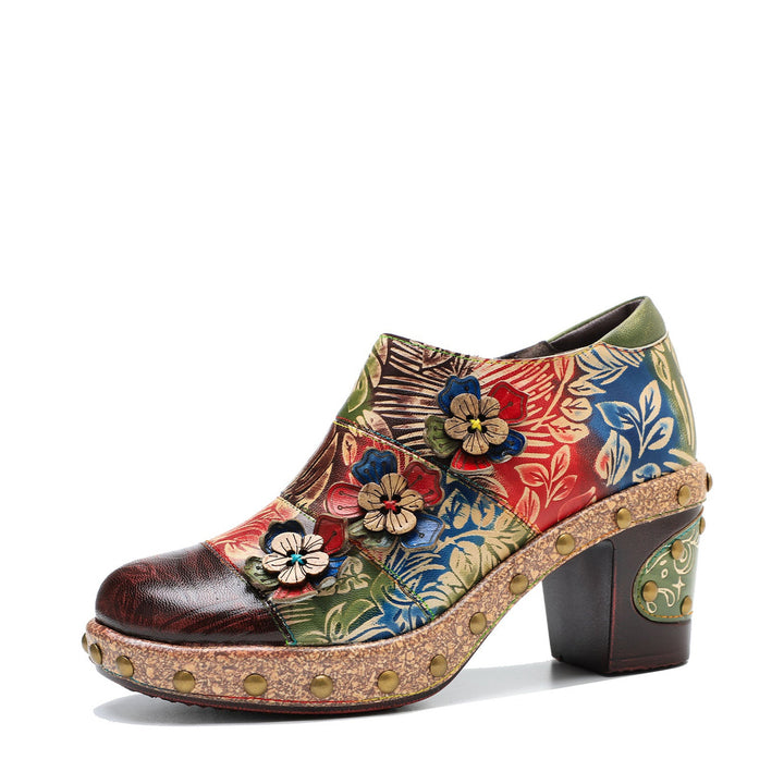 Retro Floral Handmade Rivet Comfort Block Heel Pumps
