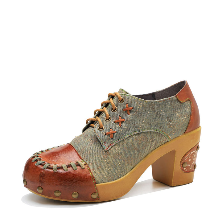 Retro Handmade Rivet Comfort Block Heel Pumps