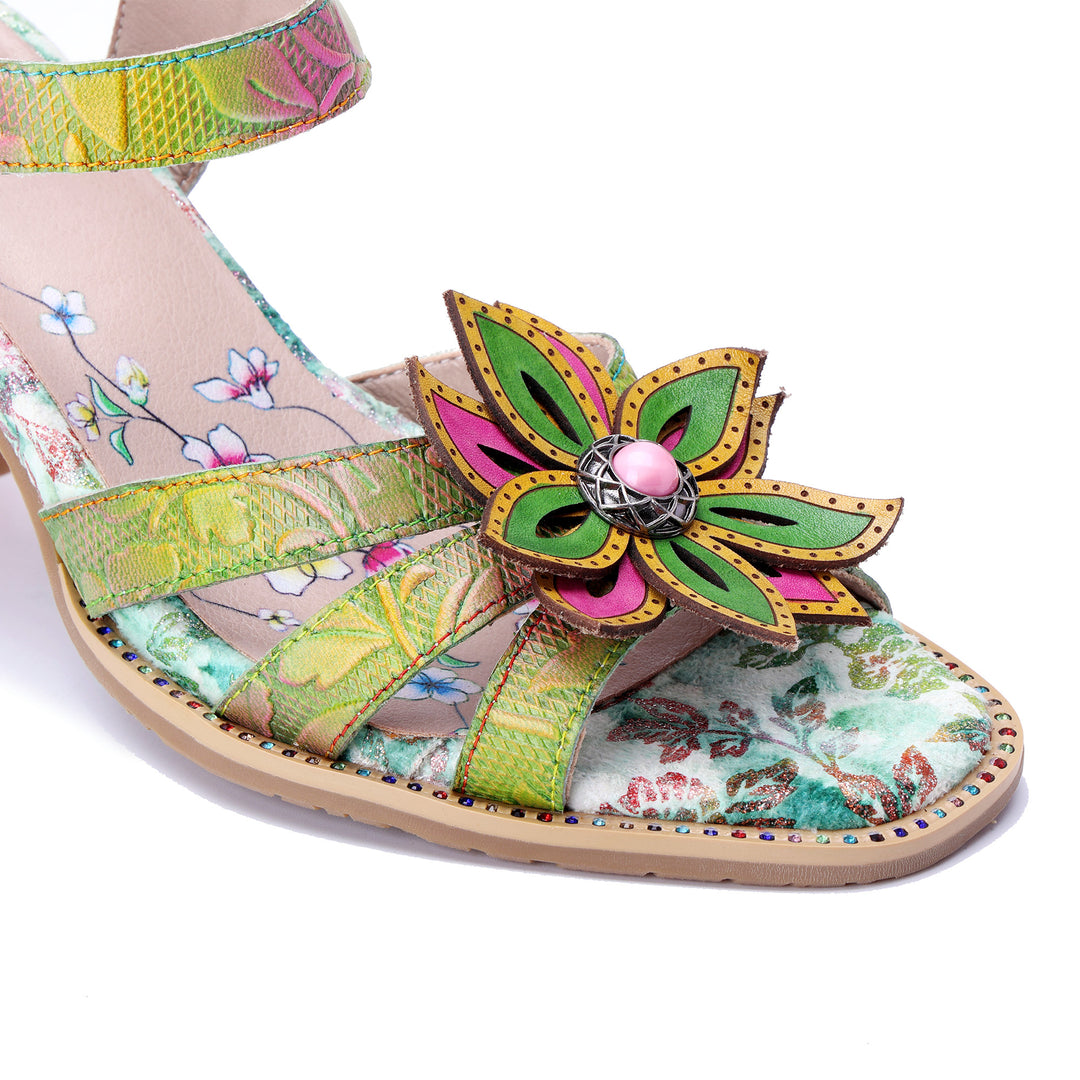 Green Floral 3D Leaf Accent Open-Toe Sandals