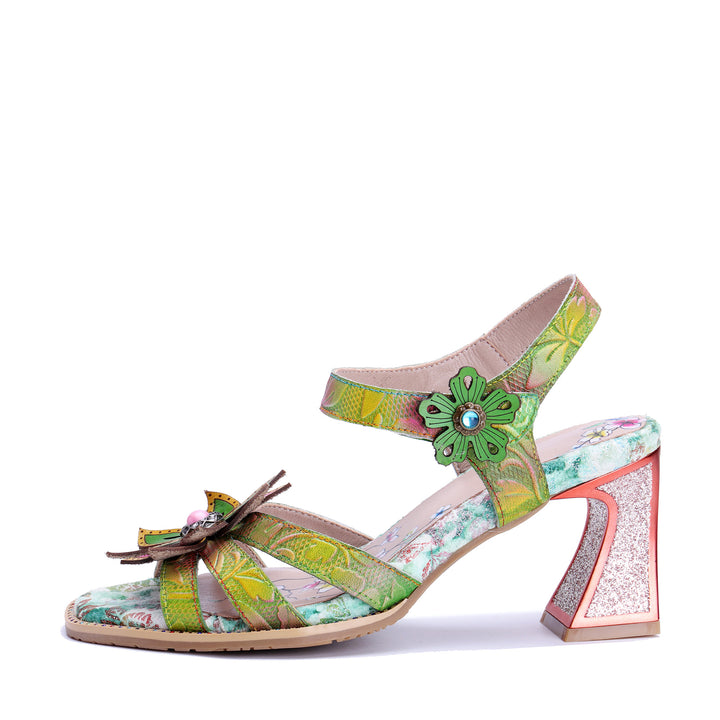 Green Floral 3D Leaf Accent Open-Toe Sandals