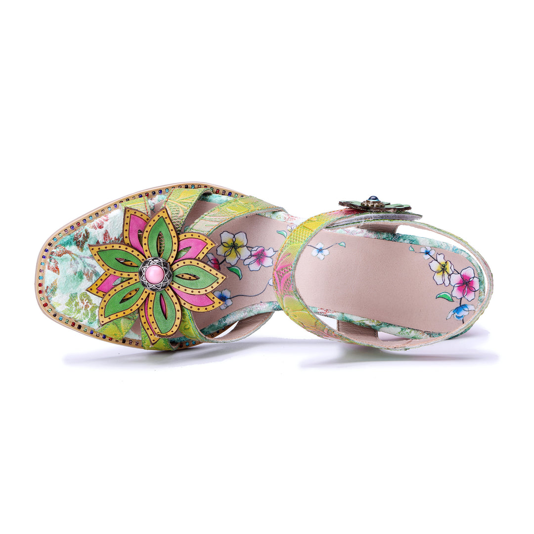 Green Floral 3D Leaf Accent Open-Toe Sandals