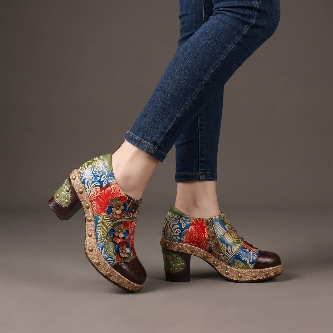 Retro Floral Handmade Rivet Comfort Block Heel Pumps