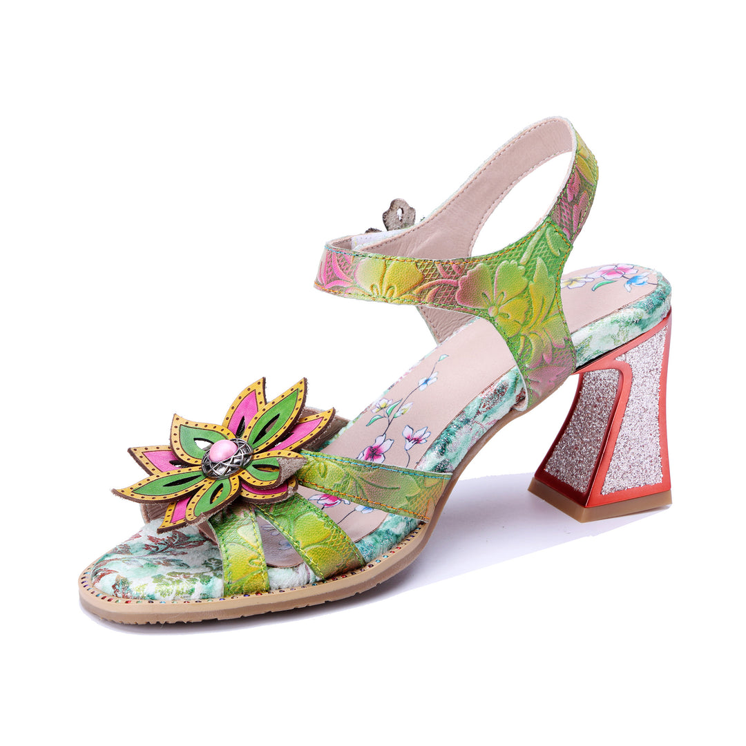 Green Floral 3D Leaf Accent Open-Toe Sandals