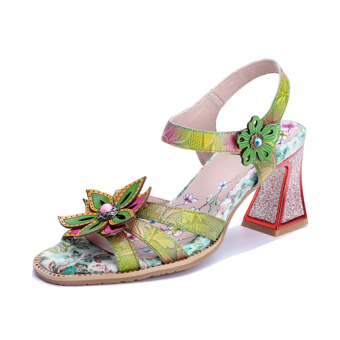 Green Floral 3D Leaf Accent Open-Toe Sandals