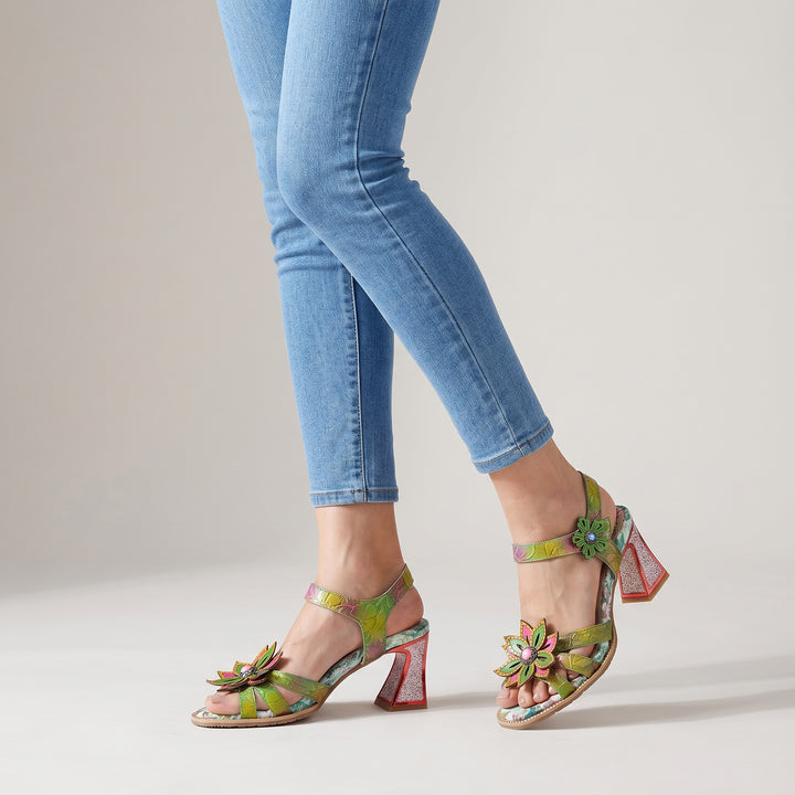 Green Floral 3D Leaf Accent Open-Toe Sandals