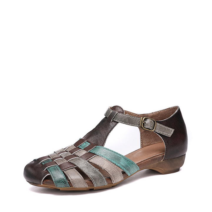 Flache Vintage-Sandalen aus gewebtem Leder mit T-Riemen